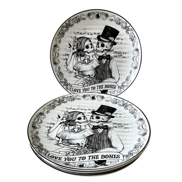 Eaton Fine Dining Halloween ‘Love You To The Bones’ 10.25” Plate Set of 4 - New! - Picture 2 of 15